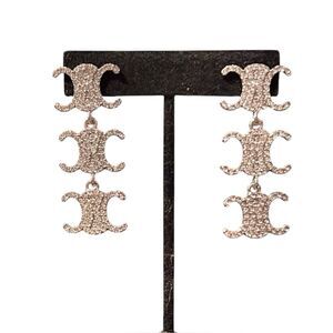 Designer Inspired Silver Tone Crystal Logo Dangle Earrings